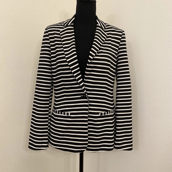 Mossimo Blazer M Womens Black White Striped Business Career Office Jacket Preppy - Picture 3 of 12